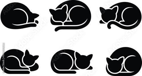 Six black cat silhouettes in various resting and sleeping poses, simple vector