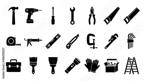 Construction Tool Icon Collection Hammer Drill Repair DIY Silhouette Vector Set
