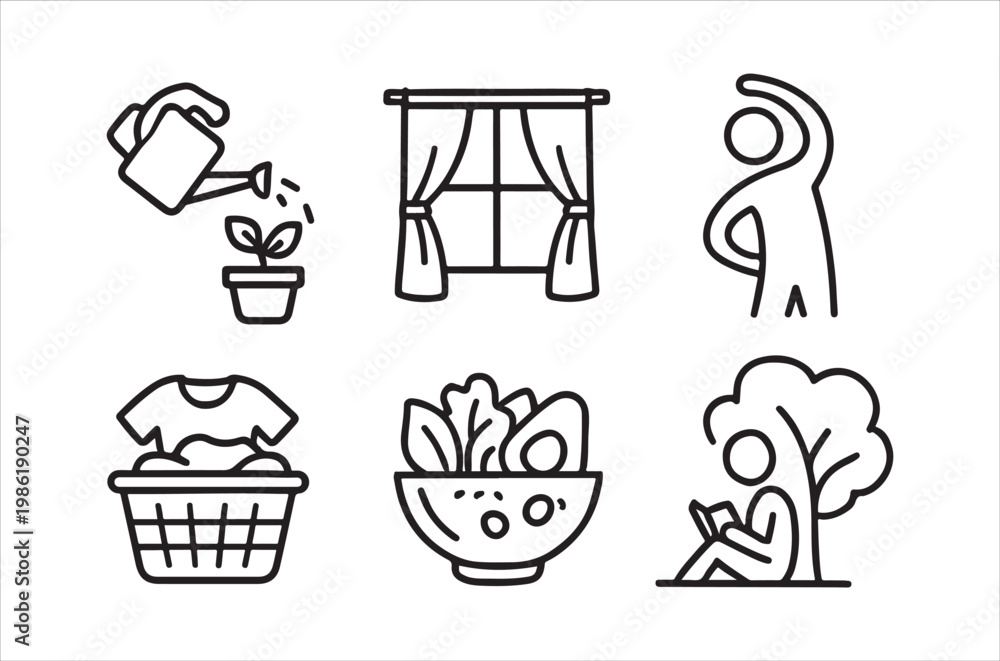 Ταπετσαρία Line art icons depicting gardening laundry and relaxing outdoors