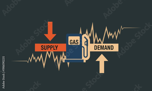 Gas supply and demand dynamics with fluctuating market graph an infographic illustrating the interplay of gas supply and demand fluctuation business increase decrease downward economic