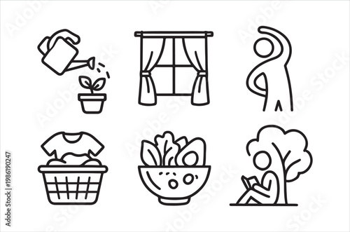 Fotografía Line art icons depicting gardening laundry and relaxing outdoors