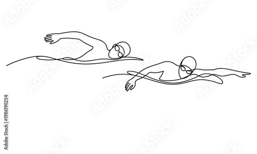 Two swimmers performing freestyle stroke in continuous line art style.