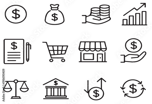 Finance business icons set outline money banking shopping investment growth symbols