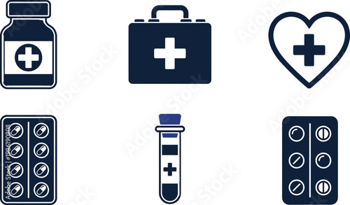 Medical icons set with pill bottle first aid kit heart symbol and medicine blister pack