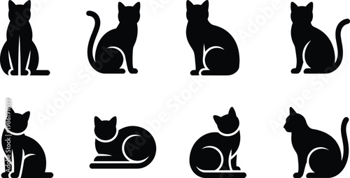 Set of black cat silhouettes in various poses vector illustration white