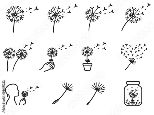 Dandelion icons set outline blowing seeds flower nature botanical spring design