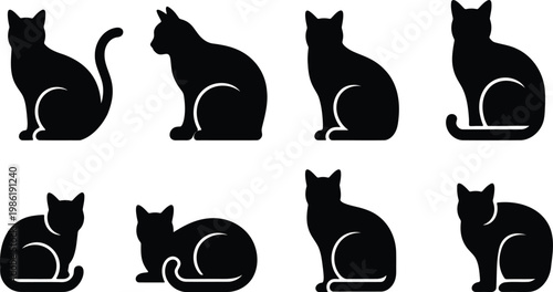 Group of black cat silhouettes in different poses vector graphic white