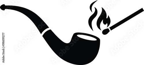 Vintage wooden smoking pipe silhouette with burning matchstick flame