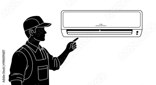 A vector illustration shows an air conditioning service worker as a dark silhouette inspecting an AC unit against a clean white background, presented with a simple, minimalist design