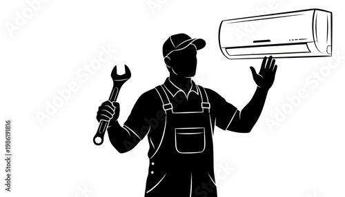 Monochrome vector illustration of an air conditioning service technician silhouette holding a wrench and inspecting an air conditioner unit against a clean white background in a simple