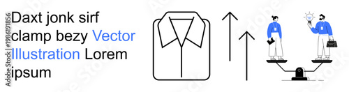 Professional growth, career development, decision making, business ethics, opportunity, equality. Shirt icon, upward arrows and balanced scale with figures. Career development and equality concept