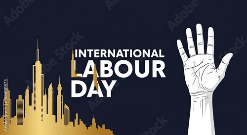 International labour day celebration with city skyline and raised hand