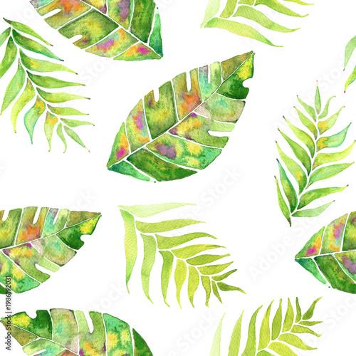 Seamless watercolor pattern with tropical palm and banana leaves in fresh green tones. Hand-painted botanical design on a light beige background, ideal for textiles, wallpaper, and summer decor.