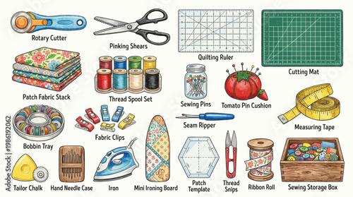 Sewing and quilting tools collection in flat style including rotary cutter, fabric scissors, cutting mat, threads, ruler and sewing accessories isolated on white background