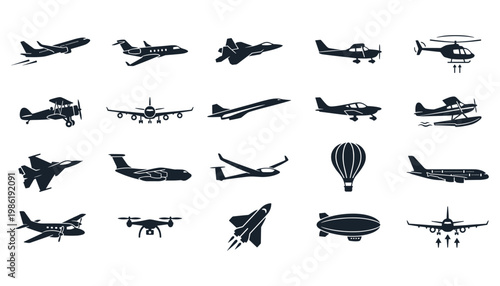 Aircraft silhouettes on a transparent background, aviation, transportation, aerospace icons.
