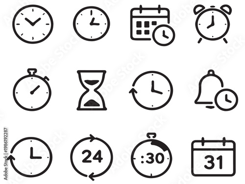 Time icons set outline clock calendar timer schedule reminder alarm symbols design