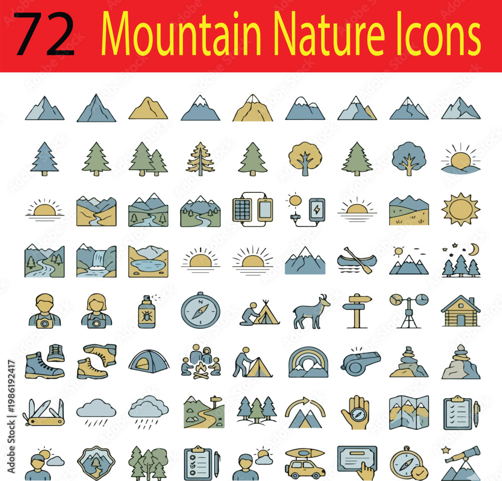 Fototapeta premium Premium Mountain Landscape & Wilderness Linear Icons: Minimalist Peak, Forest Trees, Nature Scenery, and Outdoor Environment Vector Symbols. 