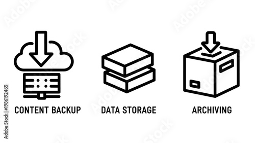 Data management icons illustrating cloud content backup data storage and digital archiving processes with archiving technology information management connectivity internet computing database