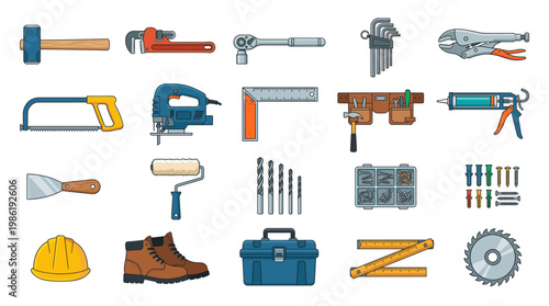 Industrial construction and repair equipment set in flat style including saw, drill, clamps, toolbox, helmet, boots and measuring tools isolated on white background