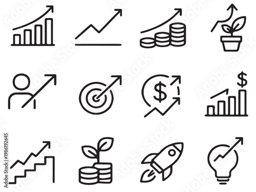 Growth icons set outline business progress success finance investment strategy symbols