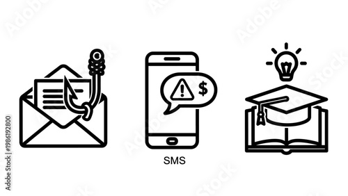 Cybersecurity and education icon set including phishing email alert sms scams warning academic knowledge concepts security cybersecurity phishing education graduation academic knowledge