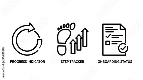 User interface workflow icons showing progress indicator cycle step tracker with footprint and onboarding status document with checklist for business process management monitoring progress indicator