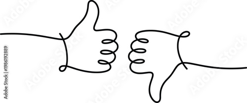 thumbs up and thumbs down gesture vector illustration showing approval and disapproval symbols in minimal single stroke style