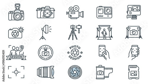 Photography videography vector icons. Cameras, studio, film elements. Transparent background, perfect for design projects.