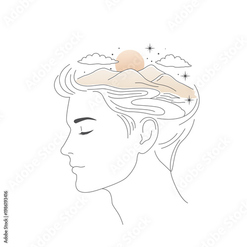 Mental health through meditation and therapy. Inner harmony in thoughts. Human head and nature with mountains and sun. Vector illustration isolated for print.
