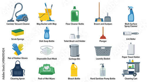 House cleaning and maintenance supplies set in flat style including vacuum mop bucket spray bottle gloves and detergent isolated on white background