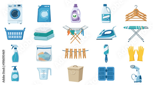 Laundry and washing supplies set in flat style including washer detergent basket iron spray bottle gloves and clothespins isolated on white background