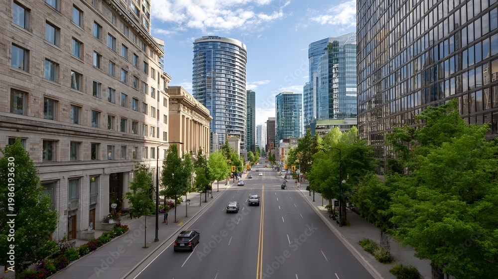 Fototapeta premium A wide urban thoroughfare lined with lush green trees flanked by contrasting modern glass and classic stone architecture under a bright sky