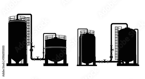 Industrial storage tanks and piping systems depicted in black silhouette