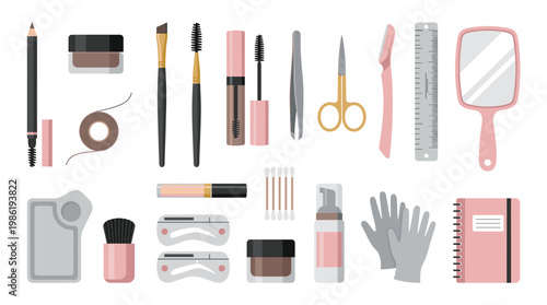 Beauty and cosmetic tools collection in flat style including brushes, mascara, scissors, mirror, lipstick, cream and makeup accessories isolated on white background