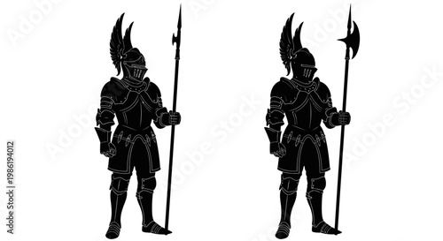 Two medieval knights in full armor standing with polearms silhouette