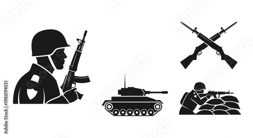 Military equipment and soldiers depicted in a stark black silhouette