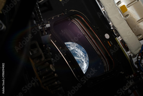 Quadro em tela View from a porthole of spaceship Orion on the Earth in outer Space