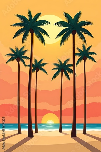 Golden Hour Serenity Palm Trees on a Tropical Beach at Sunset with Ocean Waves and Sandy Shores
