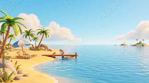 Calm 3D tropical beach vacation background with wooden pier and sunbeds