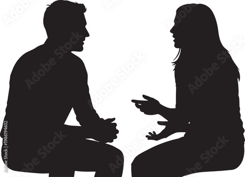 Black silhouettes, man and woman talking, conversation, communication icons, people discussing