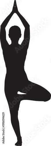 Yoga, tree pose, woman silhouette, black vector, fitness icon, wellness symbol