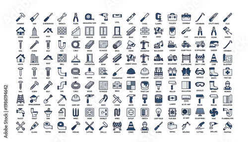 Construction tools and building elements vector icon set flat design isolated on transparent background.