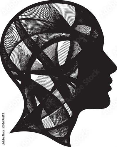 Black and white, shattered mind, head silhouette, broken thoughts, mental health concept, vector illustration