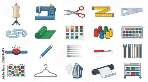 Sewing and tailoring tools collection in flat style including sewing machine, mannequin, scissors, thread, measuring tape and fabric supplies isolated on white background