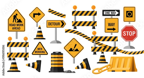 Collection of road traffic signs.