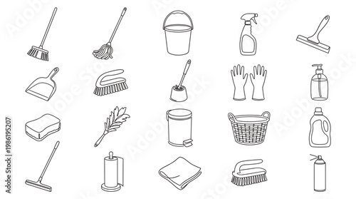 Outline cleaning tools and household supplies set including mop, spray bottle, gloves, basket, soap and towels isolated on white background