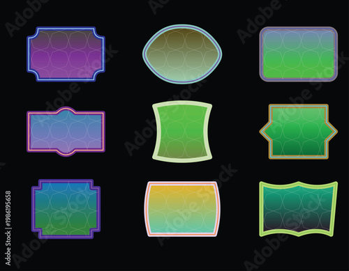 Collection of nine unique, colorful, and decorative frames with abstract gradient backgrounds on black