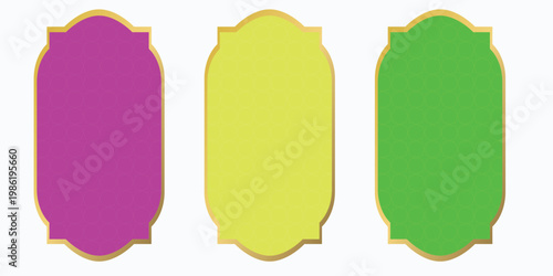 Three ornate purple, yellow, and green decorative frames with golden borders on white background