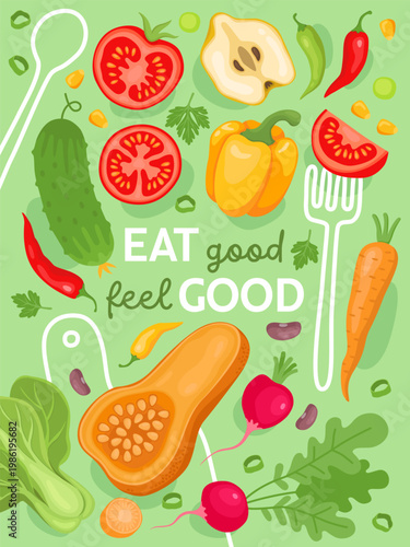 Banner or card design for a vegan shop, market, cafe. Various fresh vegetables and inscription "eat good, feel good". Tomato, pumpkin, cucumber, bok choy, carrot, pepper, radish.
