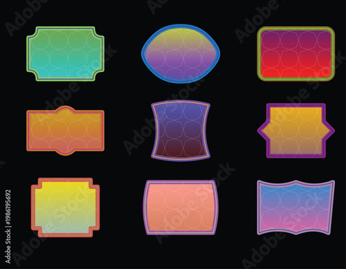 Set of nine colorful abstract geometric label shapes with gradient fills on a dark background